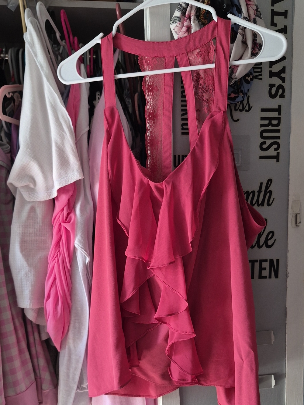 Women's Lauren Conrad Pink Ruffle Tank Top with Lace Back Nwot